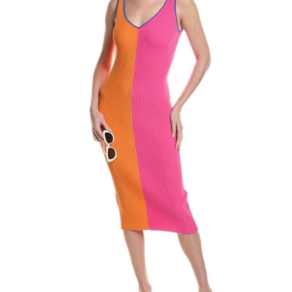 STAUD Pink and Orange Ribbed Midi Dress NWT